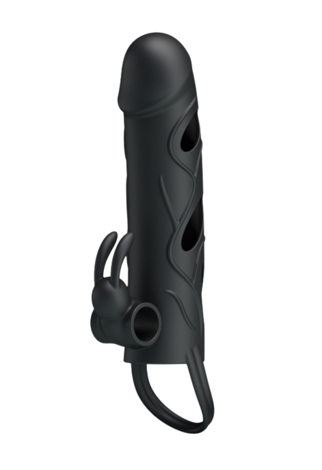 Wibrująca silikonowa nakładka na penisa z króliczkiem i ringiem na jądra