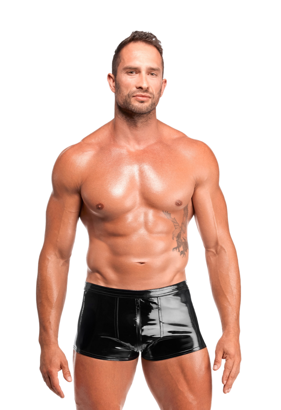 Błyszczące szorty  z potrójnym zamkiem w kroku