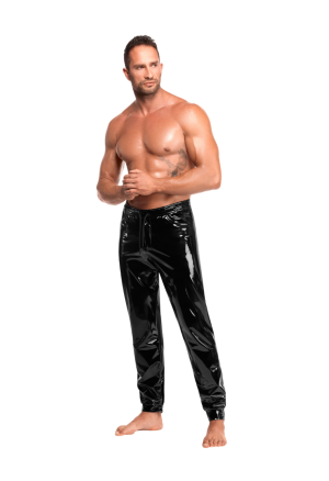 Czarne spodnie PVC z regulacją w pasie i kieszeniami