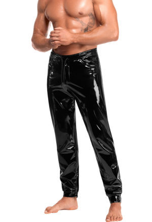 Czarne spodnie PVC z regulacją w pasie i kieszeniami