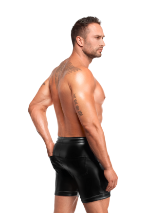 Spodnie z materiału typu wetlook z kieszeniami i regulacją w pasie