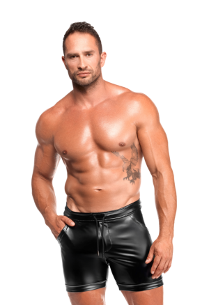 Spodnie z materiału typu wetlook z kieszeniami i regulacją w pasie