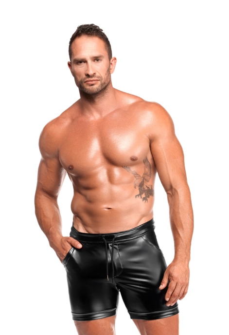 Spodnie z materiału typu wetlook z kieszeniami i regulacją w pasie