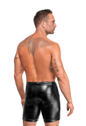 Spodnie z materiału typu wetlook z kieszeniami i regulacją w pasie