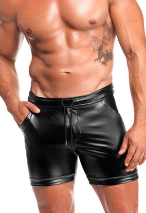 Spodnie z materiału typu wetlook z kieszeniami i regulacją w pasie