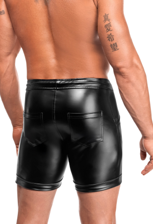 Spodnie z materiału typu wetlook z kieszeniami i regulacją w pasie