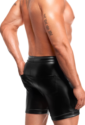 Spodnie z materiału typu wetlook z kieszeniami i regulacją w pasie