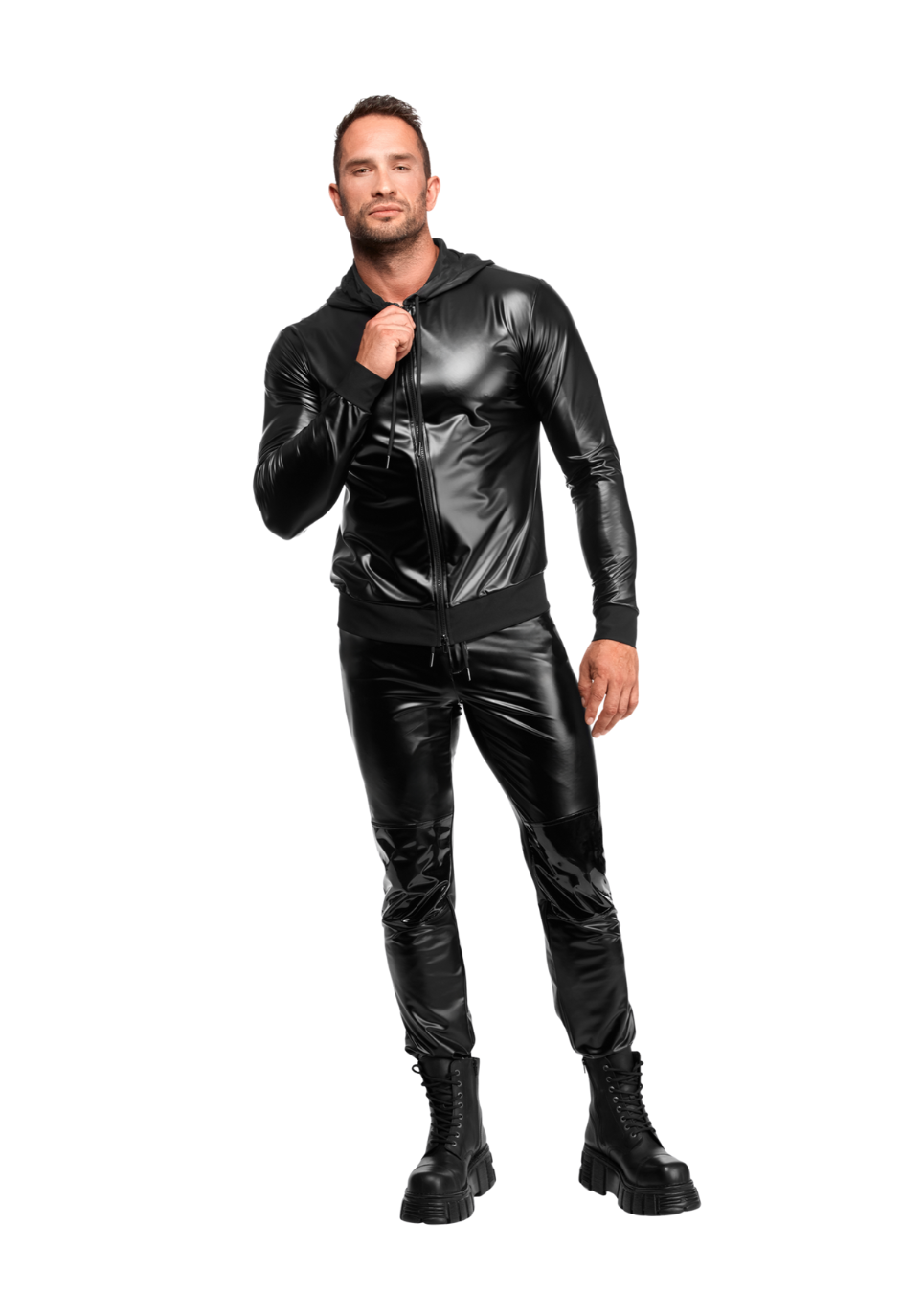 Bluza z materiału typu wetlook z kapturem i zamkiem