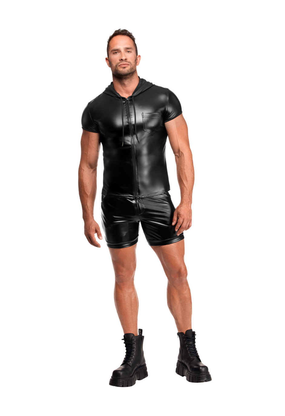 Dopasowana koszulka męska z kapturem, z materiału typu wetlook