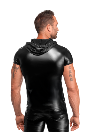 Dopasowana koszulka męska z kapturem, z materiału typu wetlook