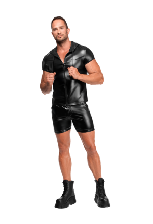 Dopasowana koszulka męska z kapturem, z materiału typu wetlook