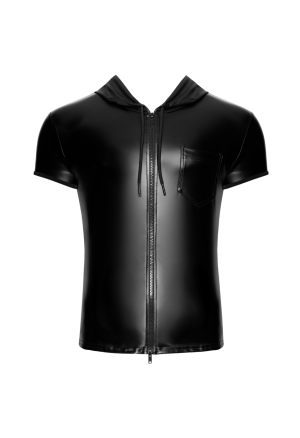 Dopasowana koszulka męska z kapturem, z materiału typu wetlook