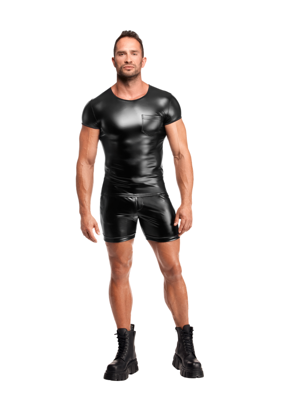 koszulka z materiału typu wetlook z krótkim rękawem i kieszonką na piersi