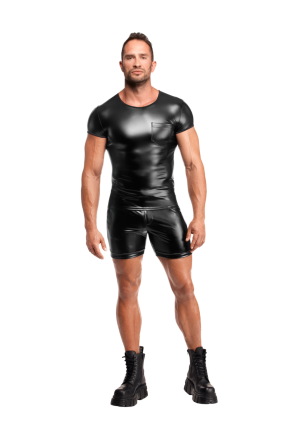 koszulka z materiału typu wetlook z krótkim rękawem i kieszonką na piersi