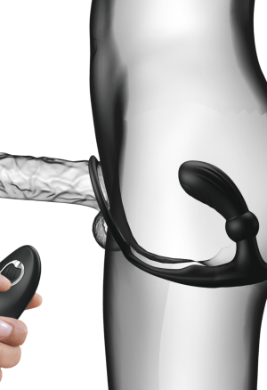 Pierścień na penisa z wtyczką analną sterowany pilotem