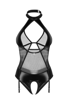 Zmysłowe body z ekoskóry i siateczki z otwartym krokiem i chokerem
