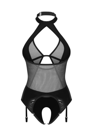 Zmysłowe body z ekoskóry i siateczki z otwartym krokiem i chokerem