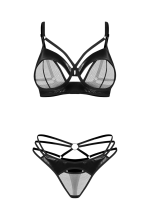 Dwuczęściowy komplet z ekoskóry i siateczki - biustonosz i stringi