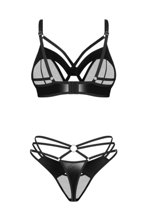 Dwuczęściowy komplet z ekoskóry i siateczki - biustonosz i stringi