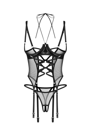 Połyskujący gorset z otwartymi miseczkami + stringi z otwartym krokiem