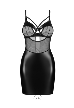 Zmysłowa sukienka z ekoskóry i siateczki w czarnym kolorze