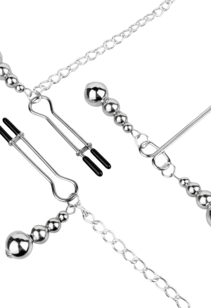 Metalowe klamry na sutki i łechtaczkę z regulacją nacisku i łańcuszkiem