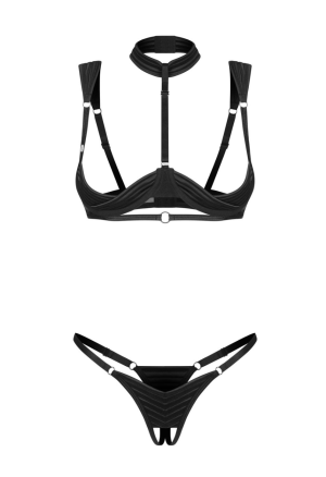 Erotyczny komplet otwartej bielizny - biustonosz z chokerem i stringi