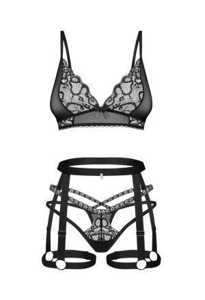 Czarny komplet BDSM z uprzężą – biustonosz, harness i stringi