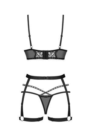 Czarny komplet BDSM z uprzężą – biustonosz, harness i stringi