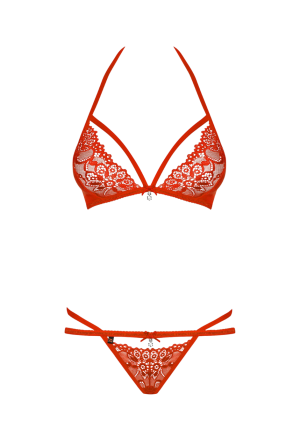 Czerwony komplet koronkowy z ozdobnymi paseczkami