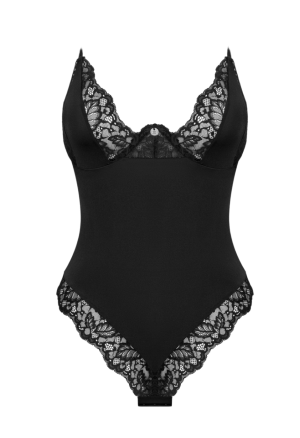 Klasyczne, czarne body wykończone piękną koronką