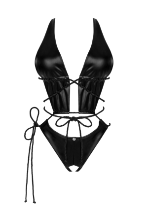 Zmysłowe body z połyskującego materiału z otwartym krokiem