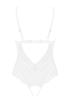 Intrygujące body z rozcięciem w kroku z koronkowego materiału