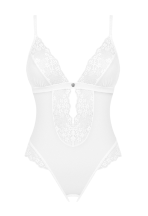 Intrygujące body z rozcięciem w kroku z koronkowego materiału