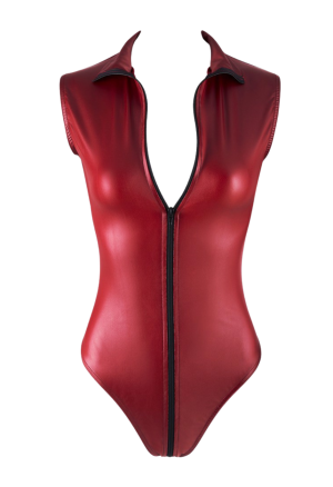 Porywające, czerwone body z suwakiem idącym od szyi do pośladków