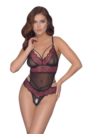 Powabne body z ozdobnej koronki w czerwone maki