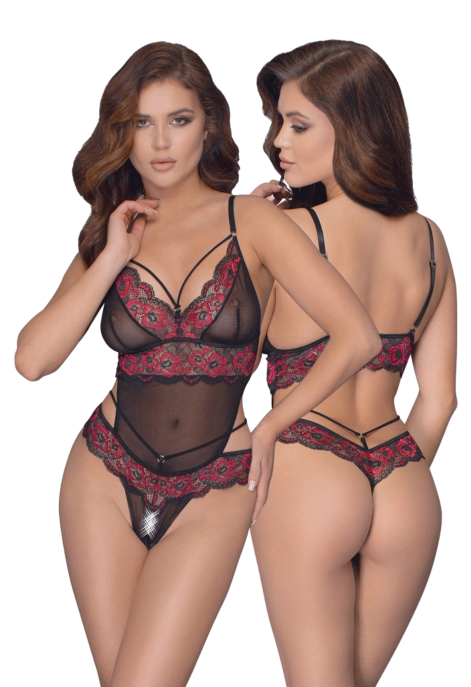 Powabne body z ozdobnej koronki w czerwone maki