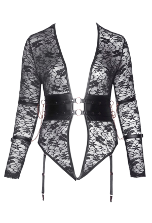 Zmysłowe, koronkowe body z długim rękawem i elementami bondage - Plus Size