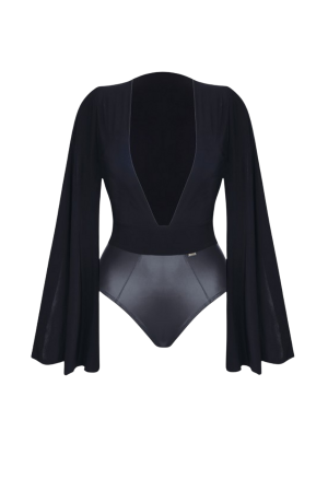 Unikalne body z długimi, otwartymi rękawami i głębokim dekoltem