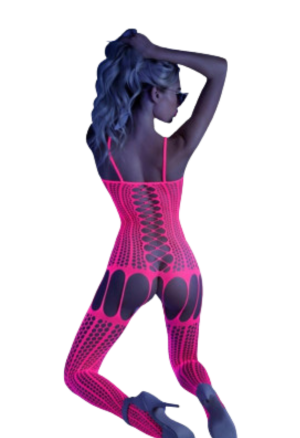 Hipnotyzujący, świecący w świetle UV bodystocking w neonowym różu