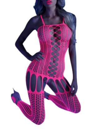 Hipnotyzujący, świecący w świetle UV bodystocking w neonowym różu