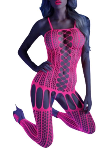 Hipnotyzujący, świecący w świetle UV bodystocking w neonowym różu