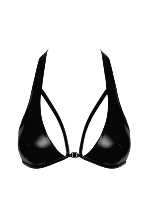 Czarny biustonosz z paskami wykonany z materiału typu wetlook