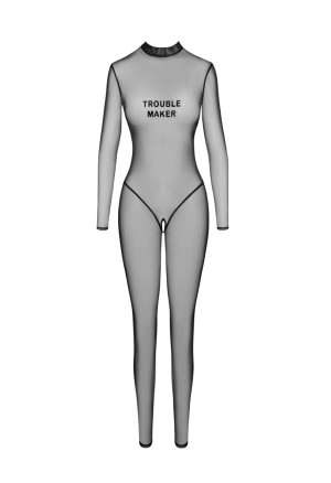 Zjawiskowy, tiulowy kombinezon w czarnym kolorze z otwartym krokiem