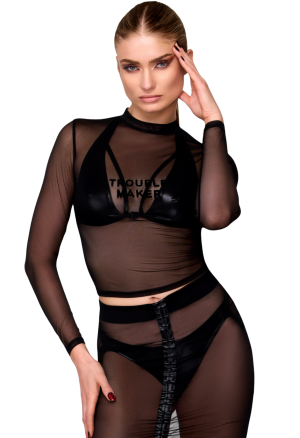 Top tiulowy z nadrukiem w czarnym kolorze