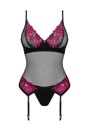 Zmysłowy gorset z czarnej siateczki oraz bordowej koronki