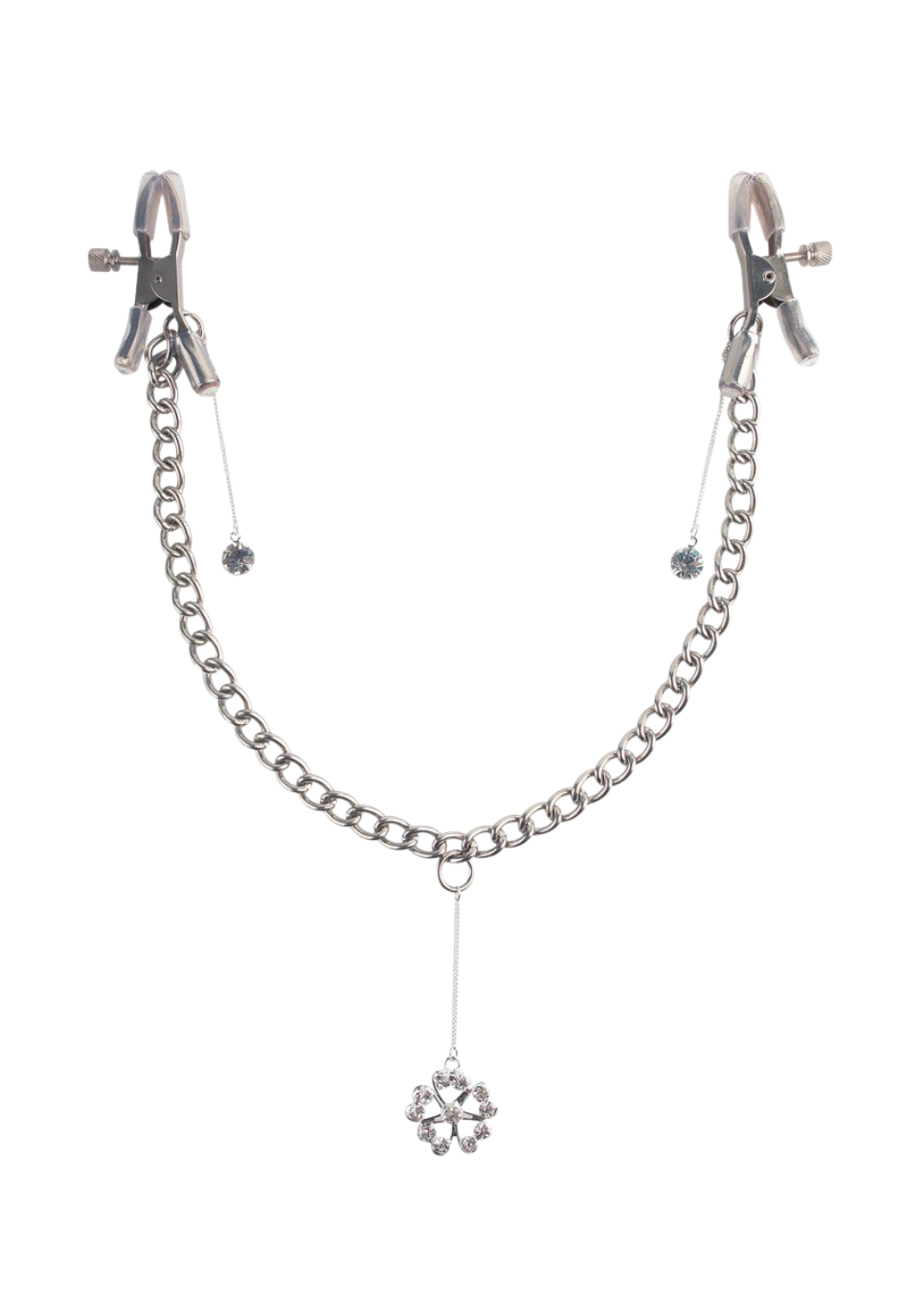 Zaciski na sutki z łańcuszkiem i obciążnikiem w kształcie kwiatuszka