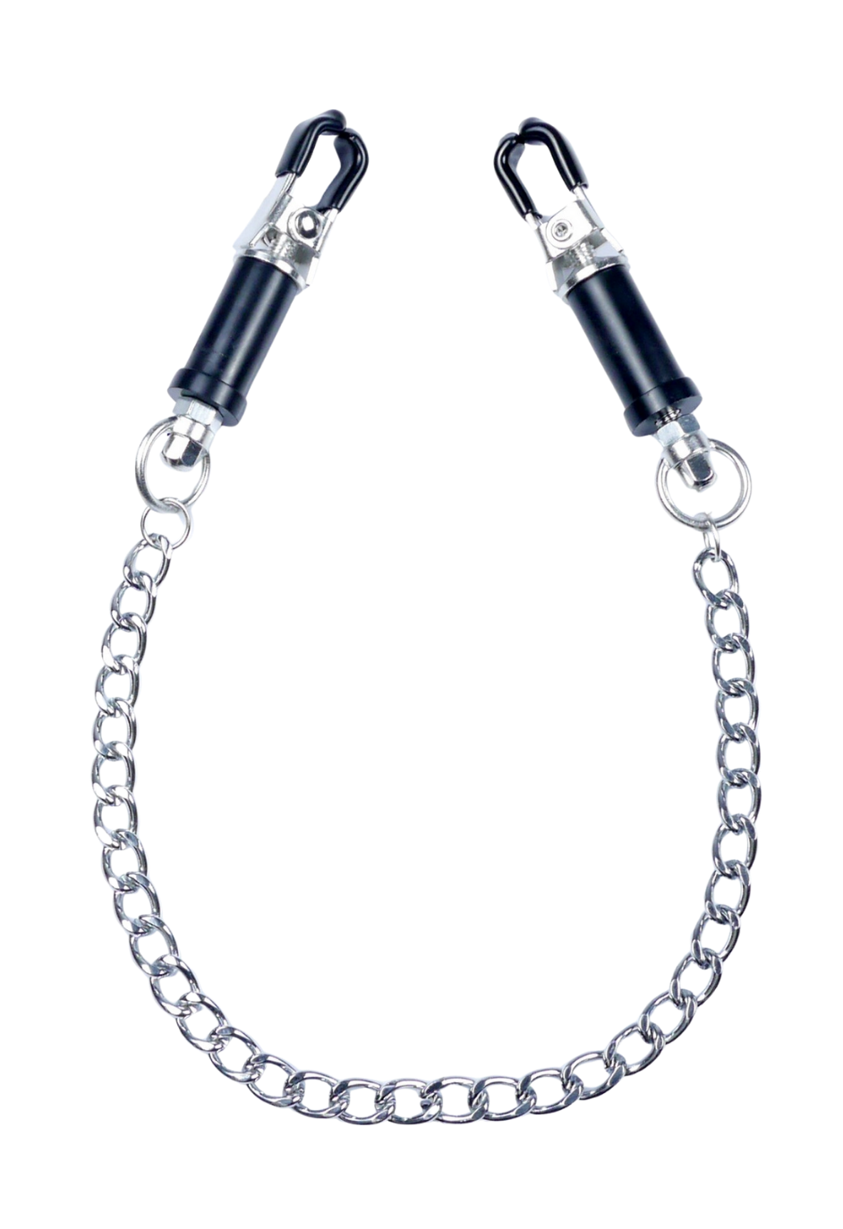 Wytrzymałe, metalowe zaciski na sutki ze srebrnym łańcuszkiem