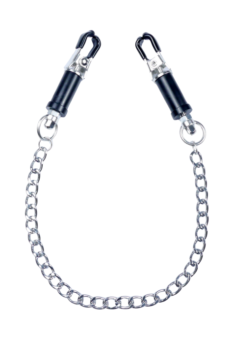 Wytrzymałe, metalowe zaciski na sutki ze srebrnym łańcuszkiem