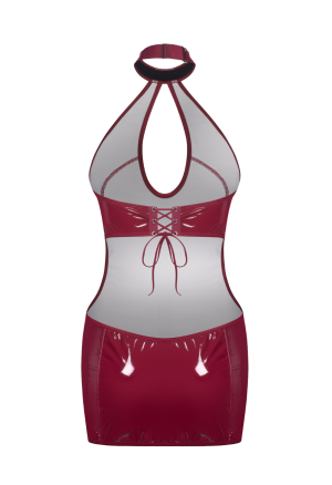 Lakierowana mini sukienka z głębokim dekoltem i odsłoniętymi plecami